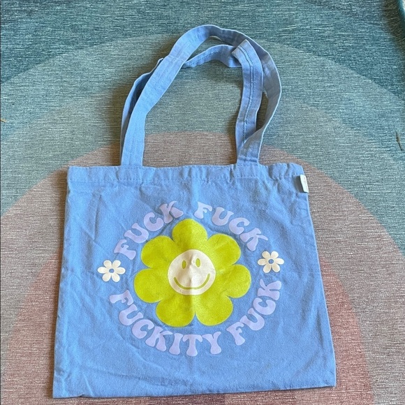 Thinking Out Of Turn Handbags - Thinking Out Of Turn Blue Mini Tote Bag with Smiley Flower Design Quote
